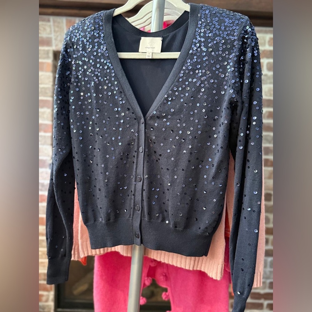 Cinq a Sept Sequin Embellished Navy Cardigan